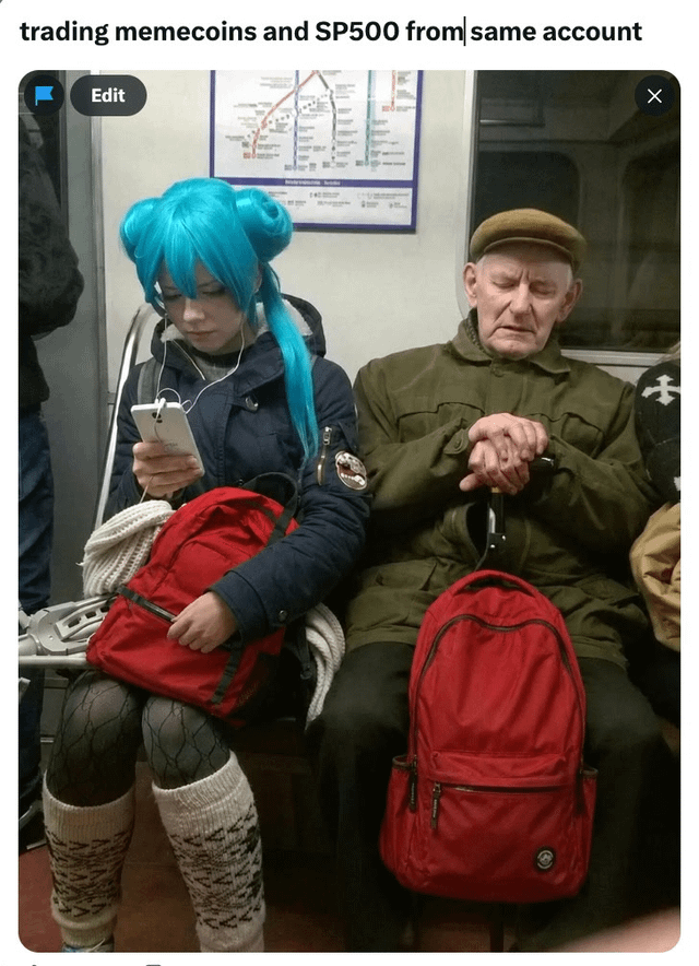 The image features a man sitting next to a woman who has blue hair, both wearing backpacks. They are seated on public transportation, possibly a subway car or bus, with their belongings nearby. The woman's backpack appears to be red, while the man's is black. A map can also be seen in the background of the image.

The post includes text that reads "Trading memcoins and the SP500 from same wallet on Solana". This suggests that they might be discussing or sharing information about trading cryptocurrencies like Bitcoin, which are often used as a means to invest in the stock market. The man and woman's presence together in this image could indicate their interest in cryptocurrency trading or simply their daily commute where they can discuss such topics while traveling.

The image also contains text that says "Edits", possibly indicating that someone has edited the photo, which might be a user who posted it on social media platforms like Twitter or Instagram.