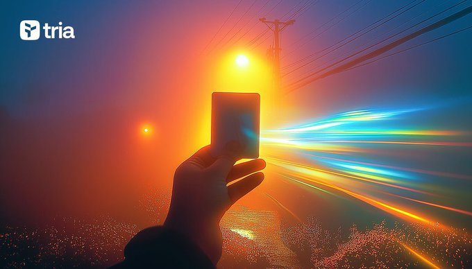 A hand holds up a smartphone as a bright sun glows through a foggy power-line backdrop with streaks of blue and orange light, evoking the "signal" theme; the image carries the "tria" logo in the upper left, aligning with the post's emphasis on $TRIA's buyback-and-burn loop being powered by real product revenue.