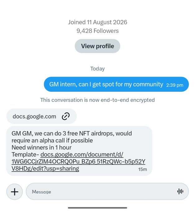 A Twitter/X direct message conversation where a user asks for a spot for their community, and another responds offering 3 free NFT airdrops and requesting an alpha call, sharing a Google Docs template link.