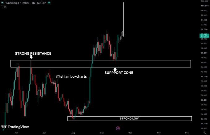 A Hyperliquid / Tether cryptocurrency chart from TradingView displaying price levels with annotations marking "STRONG RESISTANCE," "SUPPORT ZONE," and "STRONG LOW," tagged with the handle @tehlamboxcharts.