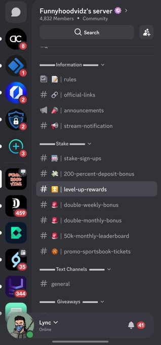 A Discord server interface for 'Funnyhoodvidz's server' showing 4,832 members and a list of channels organized by Information, Stake, Text Channels, and Giveaways categories.