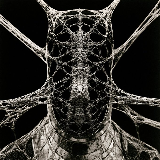 A high-contrast black and white image depicts a symmetrical, web-like humanoid figure with an intricate mesh structure forming a torso and outstretched arms.