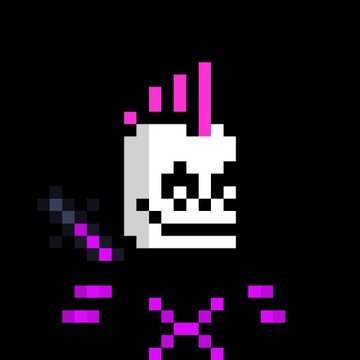 Pixel art of a white skull with pink and purple accents and what appears to be a sword, set against a black background.