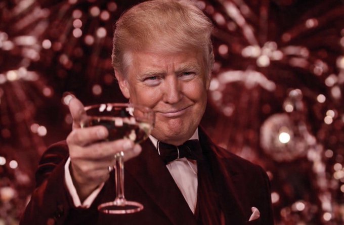 Donald Trump, dressed in a tuxedo and holding a champagne glass, is depicted with a fiery red background, likely referring to the context of a "poop" spokesperson for $btc.