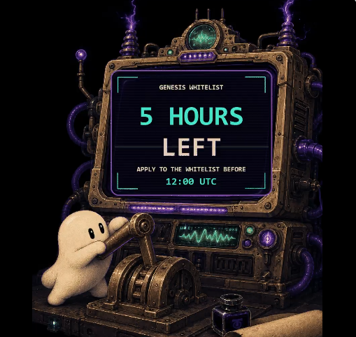 A small ghost-like character peers through a telescope at an ornate steampunk monitor displaying "GENESIS WHITELIST" with a countdown reading "5 HOURS LEFT" and a deadline of "12:00 UTC," illustrating the urgency of the whitelist registration mentioned in the post. The whimsical, gothic-industrial design of the countdown device visually reinforces the time-sensitive nature of the registration call-to-action.