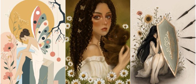 A triptych of artistic illustrations: the left shows a woman with butterfly wings sitting on a pedestal, the center is a portrait of a woman with dark curly hair surrounded by daisies, and the right shows a woman hiding behind an ornate shield amid flowers.