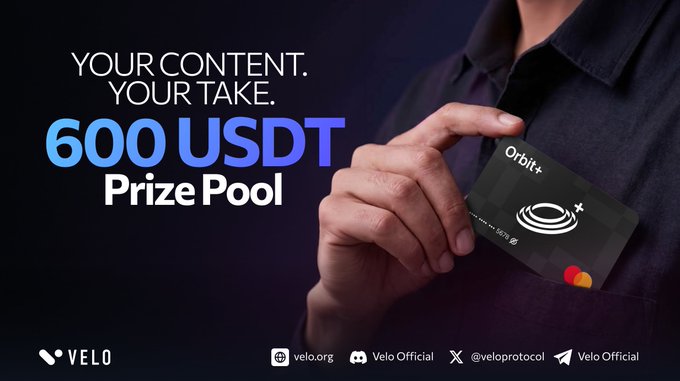 The image promotes a 600 USDT creator bounty, featuring a person holding an "Orbit+" Zebec card, with text reading "YOUR CONTENT. YOUR TAKE. 600 USDT Prize Pool" alongside Velo (velo.org) branding and social handles. The visual ties to the post by showcasing the Velo × Zebec Card product while inviting creators to make content and compete for the prize pool using #VeloxZebecCreatorBounty.