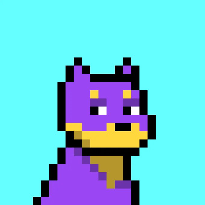 A pixel art illustration of a purple bipedal creature with yellow eyes and a yellow mouth/chest area, set against a cyan background.
