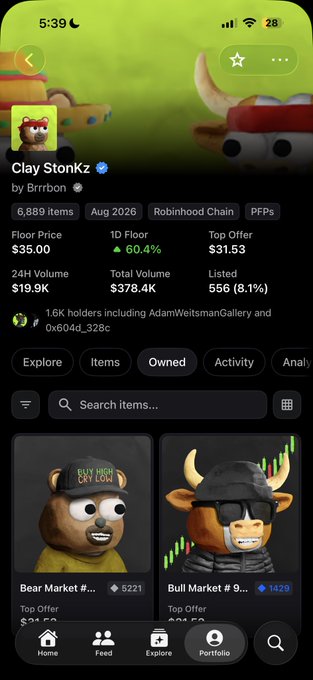 A mobile screenshot of a Robinhood Wallet app displaying the "Clay Stonks" NFT collection (6,889 items) created by "Brrbron," showing a floor price of $35.00, top offer of $31.53, and 24H volume of $19.9K, with visible Bear Market and Bull Market NFT items. The post brags about an "alpha call" on the free-minted collection, highlighting its 60.4% 1D floor price increase after being called at $7.