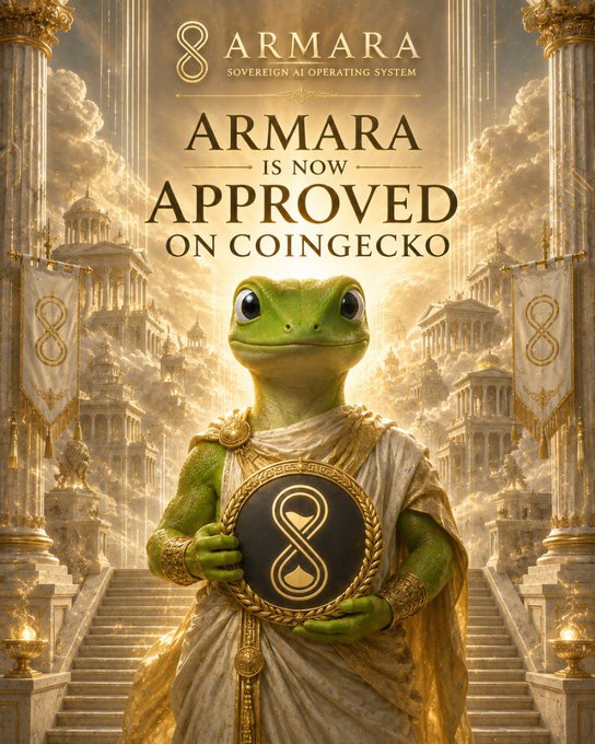 A promotional poster reading 'ARMARA SOVEREIGN AI OPERATING SYSTEM - ARMARA IS NOW APPROVED ON COINGECKO' featuring an anthropomorphic frog in golden Roman-style robes holding a shield with the number 8 symbol.
