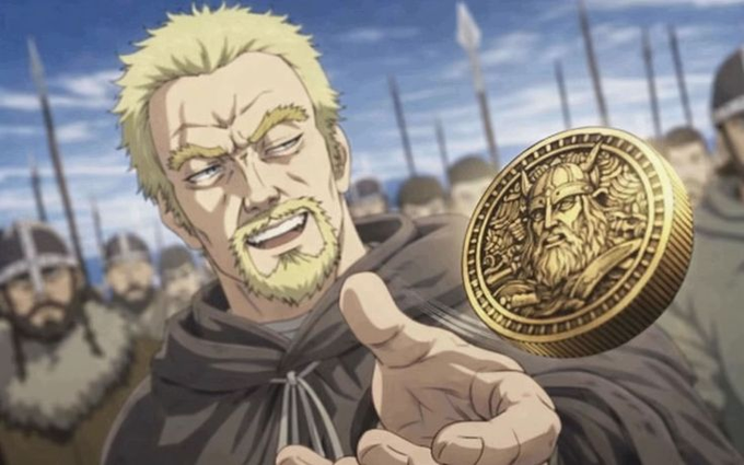 An anime-style blonde, bearded warrior points toward the viewer with a confident smirk, set against an army of spear-wielding soldiers, while a gold coin featuring a bearded warrior's face is prominently displayed in the foreground.