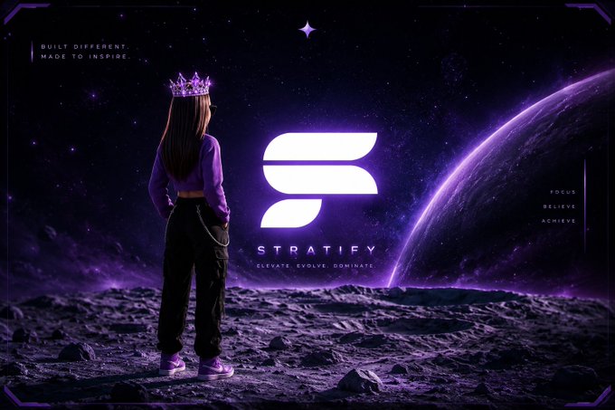 A woman with long dark hair wearing a purple hoodie and a crown stands on a purple lunar surface gazing at a planet, with the "STRATIFY" logo displayed prominently in the center, alongside text reading "BUILT DIFFERENT. MADE TO INSPIRE," "ELEVATE. EVOLVE. DOMINATE," and "FOCUS. BELIEVE. ACHIEVE." The cosmic, empowerment-themed imagery reinforces the post's message about @streamflow_fi Business being a comprehensive, all-in-one solution for managing complex token operations on Solana.