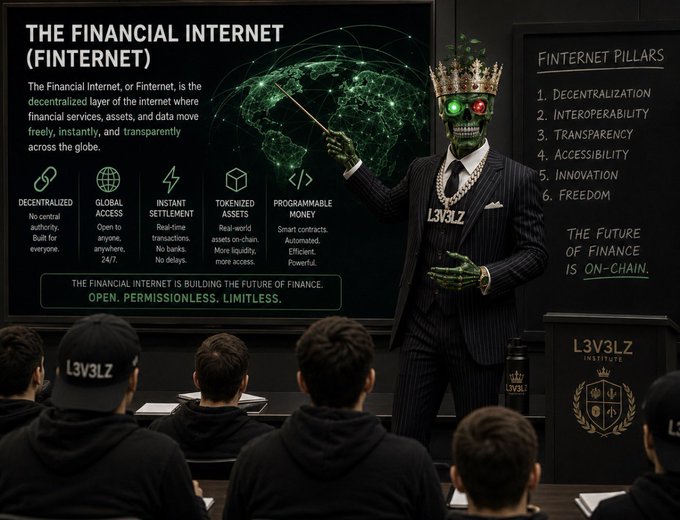 A surreal classroom scene featuring a skeletal figure in a pinstripe suit with red glowing eyes teaching 'THE FINANCIAL INTERNET (FINTERNET)' with pillars including Decentralization and Interoperability, branded L3V3LZ INSTITUTE.