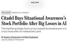 A blurry, pixelated article snippet with the headline 'Citadel Pays Situational Awareness's Stock Portfolio After Big Losses in H...', referencing the company's ties to hedge fund manager Ken Griffin.