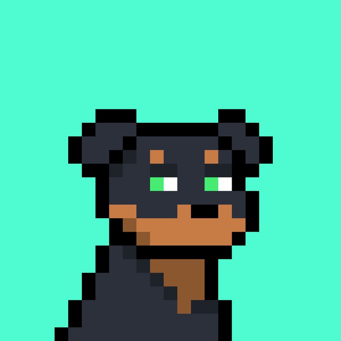 Pixel art of a dark-colored bat-like character with orange and green eyes, wearing a brown mask, set against a solid teal background.