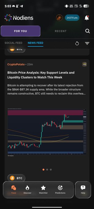 A mobile app screenshot of the 'Nodiens' platform showing a news feed post by CryptoPotato titled 'Bitcoin Price Analysis: Key Support Levels and Liquidity Clusters to Watch This Week' alongside a BTC candlestick chart.