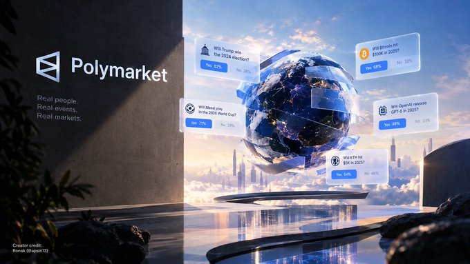 A promotional image for Polymarket featuring a globe surrounded by prediction cards (e.g., 'Will Trump win the 2024 election?', 'Will Bitcoin hit $100K in 2025?') with the tagline 'Real people. Real events. Real markets.'