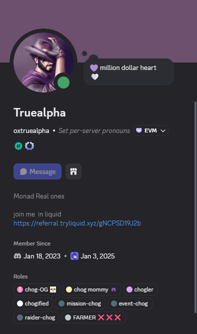 A Discord profile screenshot for 'Truealpha' (oxtrealpha) with an avatar of a man in a cowboy hat, displaying a custom status 'million dollar heart' and various roles like 'chog-OG' and 'FARMER'.