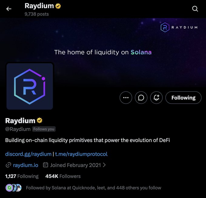 A screenshot of the Raydium Twitter/X profile showing the verified handle @Raydium, a hexagram logo, the banner 'The home of liquidity on Solana', and the bio describing 'Building on-chain liquidity primitives that power the evolution of DeFi'.