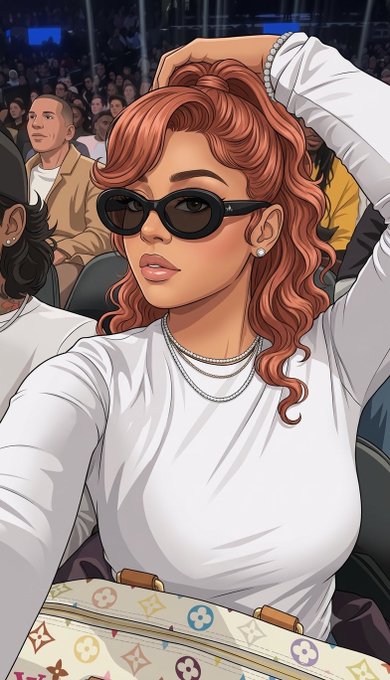 A digital illustration of a woman with curly red hair, wearing black sunglasses, layered silver necklaces, and a white long-sleeve top, with a patterned Louis Vuitton bag in the foreground.