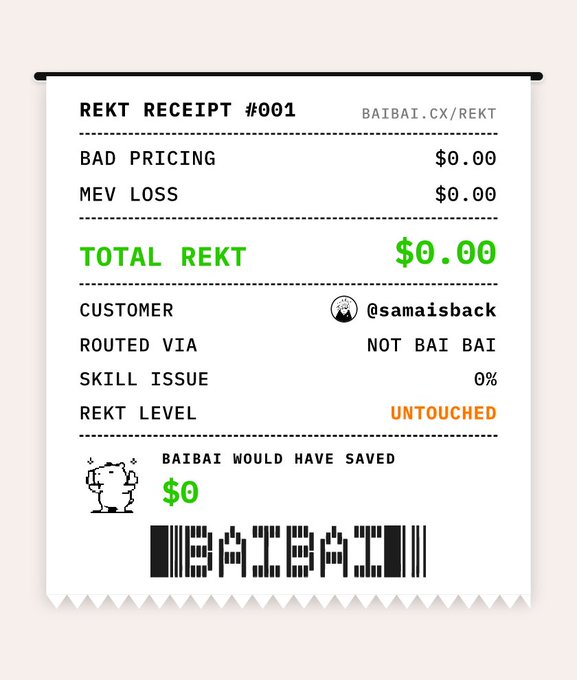 A digital receipt titled 'REKT RECEIPT #001' from BAIBAT.CX/REKT showing $0.00 totals, customer @samaisback, routed via 'NOT BAI BAI', skill issue 0%, and a barcode.