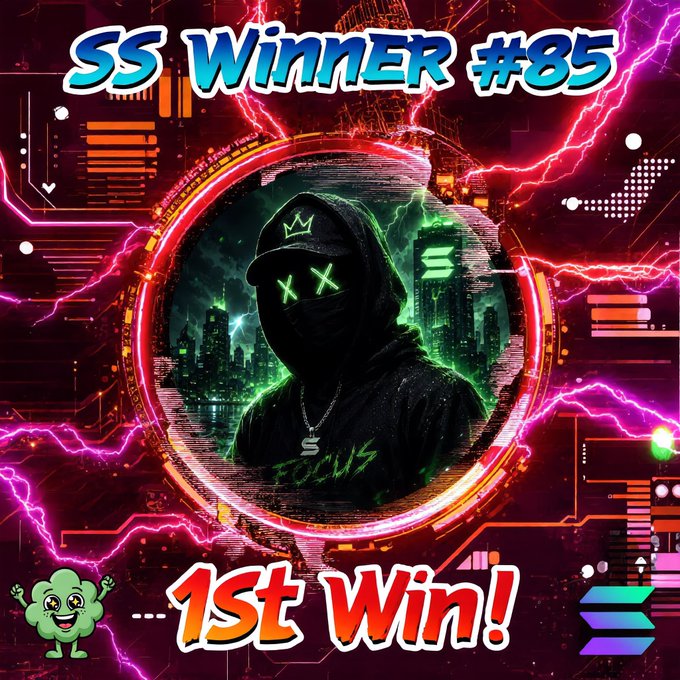 A vibrant neon graphic announces "SS WINNER #85" and "1st Win!" featuring a hooded figure with green X eyes and a crown cap, set against an electric pink and red background with lightning effects. The Solana logo and a cartoon mascot appear alongside, marking this as a Day 85 giveaway winner announcement for @Noblecrypt07.