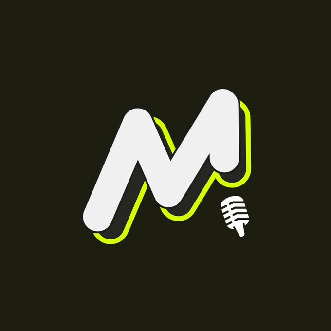 A stylized logo featuring a white letter 'M' with green outline details and a small microphone icon, set against a black background.