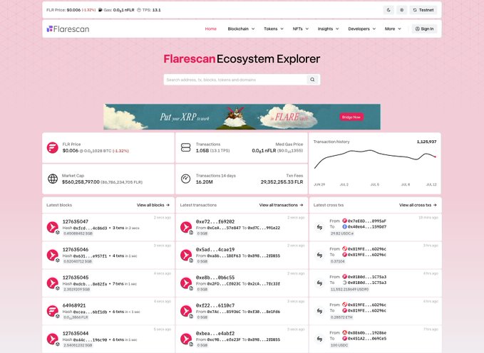 The Flarescan Ecosystem Explorer website displays FLR Price at $0.006, Market Cap $560,258,797.00, with 1.05B Transactions, 0.04 nFLR Medi Gas Price, and 16.20M Transactions in 14 days.