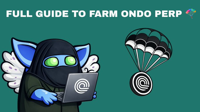 The image features an illustration of a character wearing a black robe, holding a laptop computer while standing next to a parachute. The background of the image is green with white text that reads "Full guide to farm Ondo Perp".