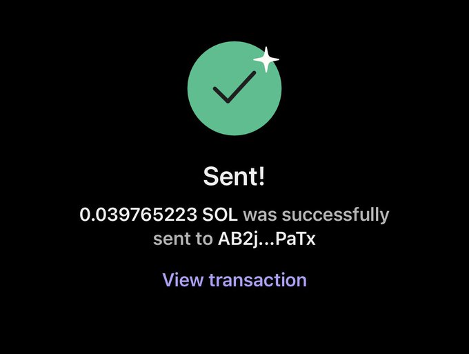 Black screen with a green checkmark and text confirming 'Sent! 0.039765223 SOL was successfully sent to AB2j...PaTx' with a 'View transaction' link.