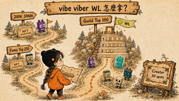 An illustrated infographic titled 'vibe viber WL 怎麼拿?' shows a treasure map-style guide with paths leading to '200K SPARK', 'Fomo Top 250', and 'Guild Top 100' rewards.