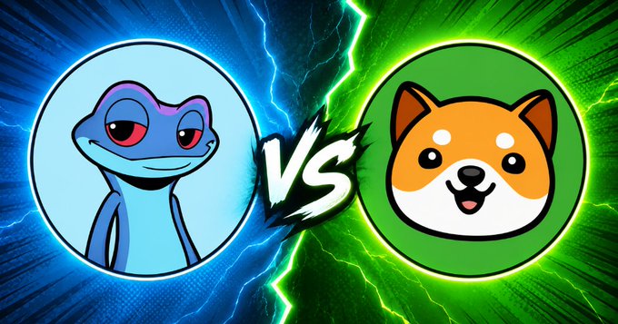 A stylized "VS" battle graphic featuring a blue frog character (PEPE) on a blue background facing off against an orange Shiba Inu dog (SHIB) on a green background.