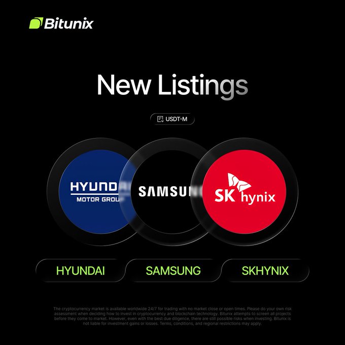 Bitunix announces new USDT-M futures listings for Hyundai Motor Co (HYUNDAI), Samsung Electronics (SAMSUNG), and SK hynix (SKHYNIX), shown as circular logos on a dark background with the platform's branding and a trading link at the bottom.