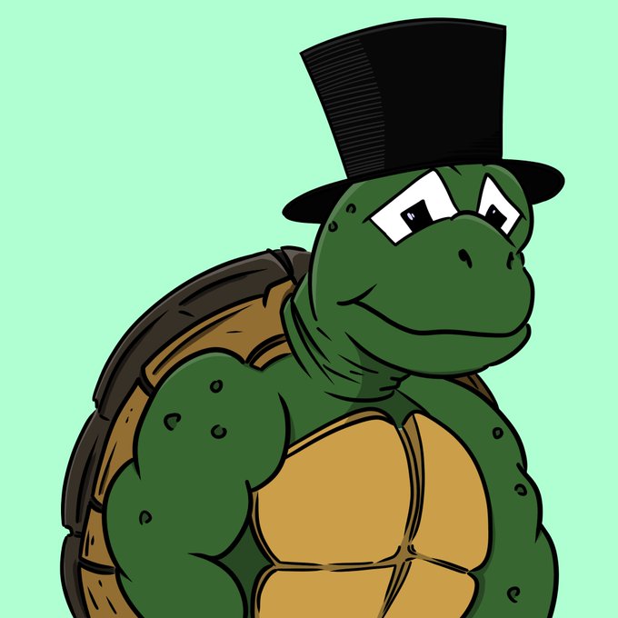 A cartoon illustration of a green turtle/tortoise wearing a black top hat and a tan shell, smiling against a light green background.
