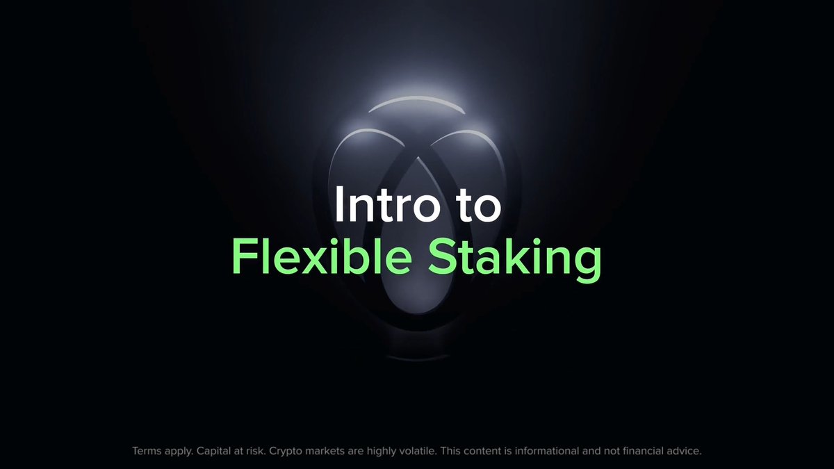 A dark promotional graphic featuring the heading "Intro to Flexible Staking" in white and green text over a glowing lightbulb icon, with a disclaimer at the bottom reading "Terms apply. Capital at risk. Crypto markets are highly volatile. This content is informational and not financial advice." The image visually introduces a crypto staking product that allows users to earn weekly rewards without locking up their assets, matching the post's emphasis on flexibility and no long-term commitment.