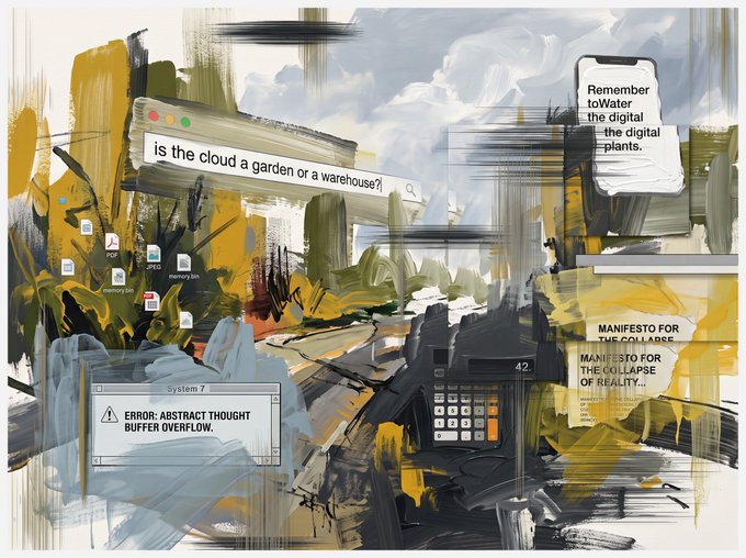 A mixed-media collage showing abstract brushes of yellow and grey paint overlaid with computer interface elements, including a search bar asking 'is the cloud a garden or a warehouse?', file icons labeled 'Inventory.bin', a 'System 7' error box reading 'ERROR: ABSTRACT THOUGHT BUFFER OVERFLOW', and a manifesto titled 'MANIFESTO FOR THE COLLAPSE OF REALITY...'.