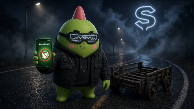 A green goblin-like character wearing sunglasses and a black jacket holds up a phone showing a 'Sleep Coach' app with a no-sleep symbol, standing on a dark road next to a wooden cart, with a stylized 'S' logo glowing in the sky.