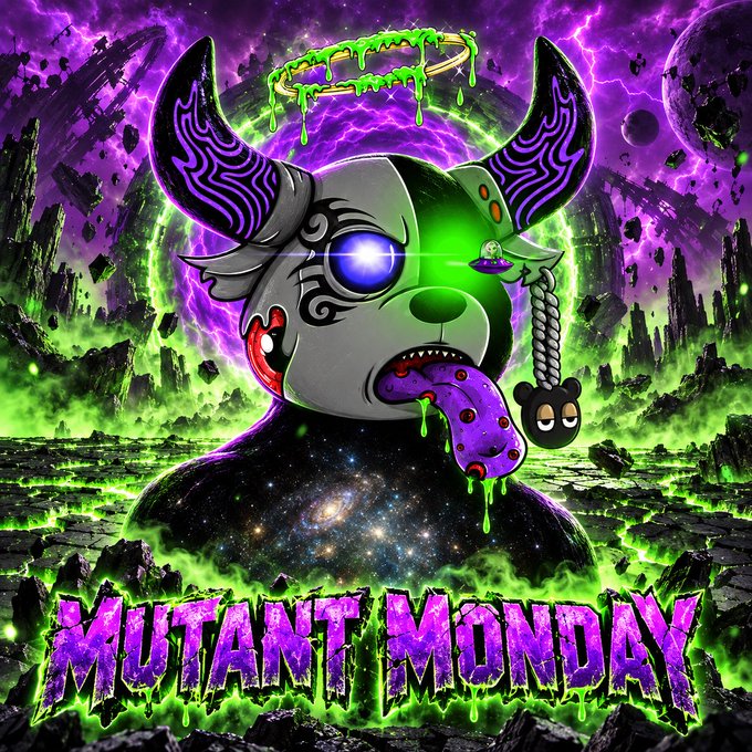 A vibrant digital artwork of a fierce mutant dog-like creature with glowing blue eyes, a galaxy-patterned body, and a halo, with the text 'MUTANT MONDAY' at the bottom.