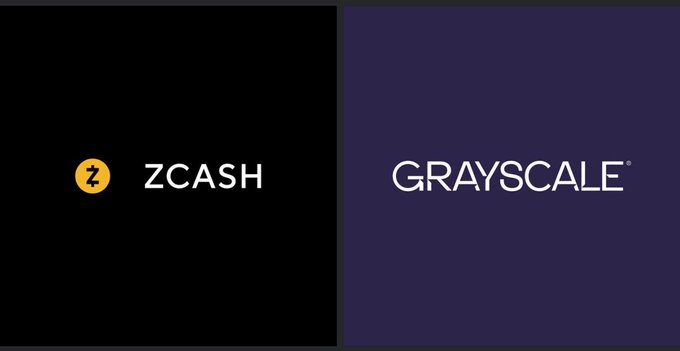 A split-screen graphic displays the logos for "ZCASH" with a yellow coin icon on the left and "GRAYSCALE" on a dark blue background on the right.