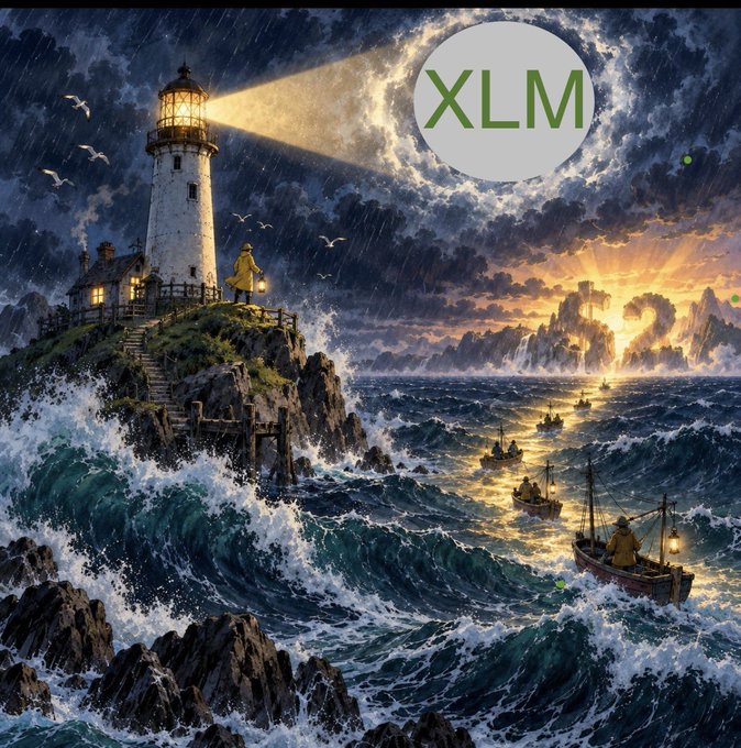 A stylized illustration depicts a lighthouse shining its beam into a stormy sea with small boats, while a large circular logo displaying 'XLM' (Stellar cryptocurrency) hovers in the dark sky.
