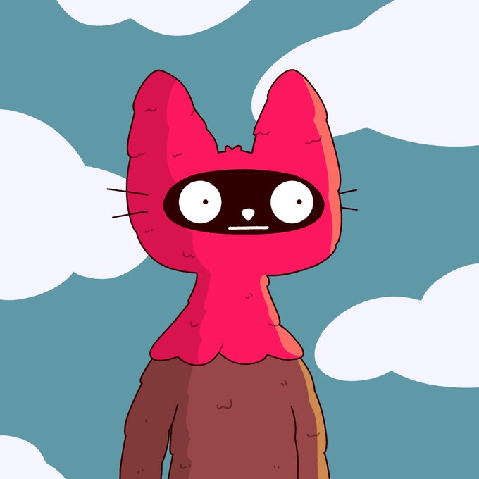 A cartoon character with a bright red cat-like hood and wide-eyed, blank expression stands against a blue sky with white clouds. The image relates to the post as a playful profile picture ("pfp") option featuring the character, humorously reimagined in a style associated with the $cets token.