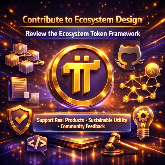 A vibrant promotional graphic titled 'Contribute to Ecosystem Design - Review the Ecosystem Token Framework' featuring a large Pi (π) cryptocurrency coin, GitHub logo, gavel, and text highlighting 'Support Real Products, Sustainable Utility, Community Feedback'.