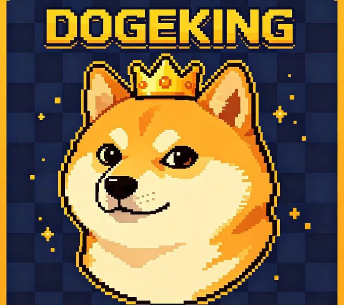 A pixel art style image of a Shiba Inu dog wearing a gold crown, with the text "DOGEKING" in yellow pixel font at the top, set against a dark blue checkered background.