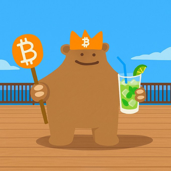 The image features a cartoon bear holding an orange sign that says "btc" and a glass of green liquid, which appears to be a cocktail or a drink with a lime slice floating in it. The bear is standing on a wooden deck against a blue sky background. The caption below the image reads "Huge milestone for x.com/swap_on_nexus/ ... #runes #bitcoin". This suggests that there has been an important milestone related to cryptocurrency or digital currency, and the image is likely celebrating this achievement with a fun and lighthearted cartoon bear holding up a sign reading "btc" while enjoying his drink on a wooden deck.