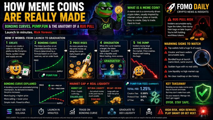 An infographic titled 'HOW MEME COINS ARE REALLY MAIDED' by FOMO Daily, explaining the bonding curve lifecycle from launch to dump, with sections on rug pull risk and market cap.