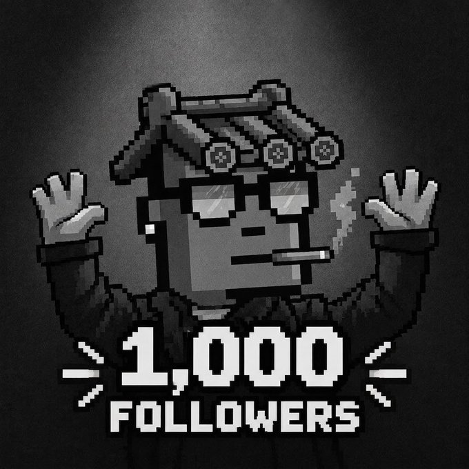 A pixel-art illustration shows a stylish character with hair curlers, sunglasses, and a cigarette, raising both hands in celebration against a dark background, with "1,000 FOLLOWERS" displayed prominently in bold pixelated text below. The image commemorates the milestone mentioned in the post, celebrating reaching 1,000 followers on @PunkOnGiwa with a retro gaming aesthetic.