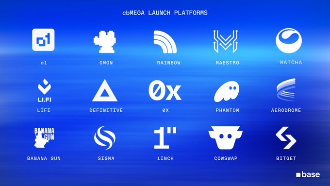 A blue-themed graphic listing 'cbMEGA LAUNCH PLATFORMS' featuring logos for o1, GRGN, RAINBOW, MAESTRO, MATCHA, LIFI, DEFINITIVE, 0X, PHANTOM, AERODROME, BANANA GUN, SIGMA, 1INCH, COWSWAP, and BITGET, with the Base logo in the corner.