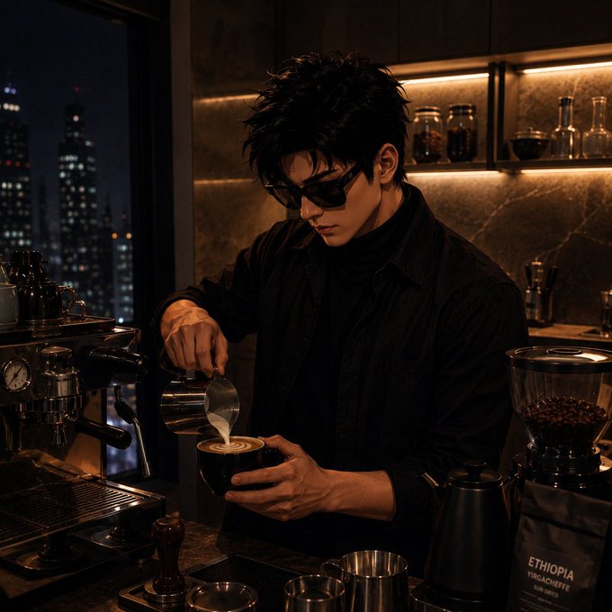 A man with dark hair and sunglasses pours steamed milk into a coffee cup at an espresso machine in a dimly lit, warm-toned cafe with a city skyline visible outside.