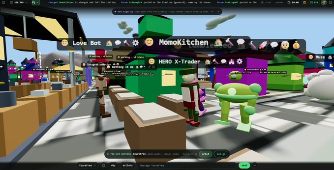 A screenshot from a virtual 3D game environment (YourFreetree) showing blocky avatars near green and brown booths labeled "Love Bot," "MomoKitchen," and "HERO X-Trader," with chat boxes visible at the bottom.
