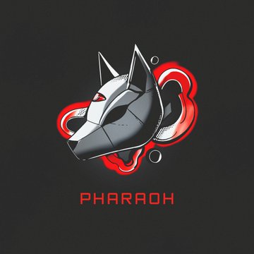 The image features a graphic design or logo that resembles a robot head made of metal. It consists of a black mask with red accents, and two red eyes positioned at its center. The text "Pharaoh" below the robot-like head reads in bold letters. This design is described as a digital illustration on a black background.